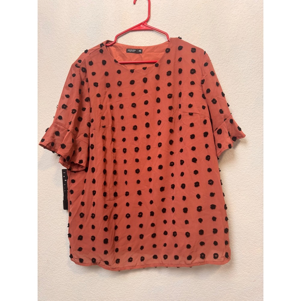 Shein Curve Womens 1XL Blouse Top Coral Black Polka Dot‎ Ruffle Sleeve